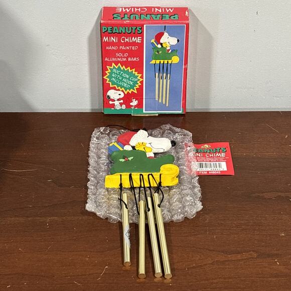 new creative enterprise Other - Vintage Peanuts Snoopy Woodstock Christmas Santa Mini Wind Chime In Box NCE 1996